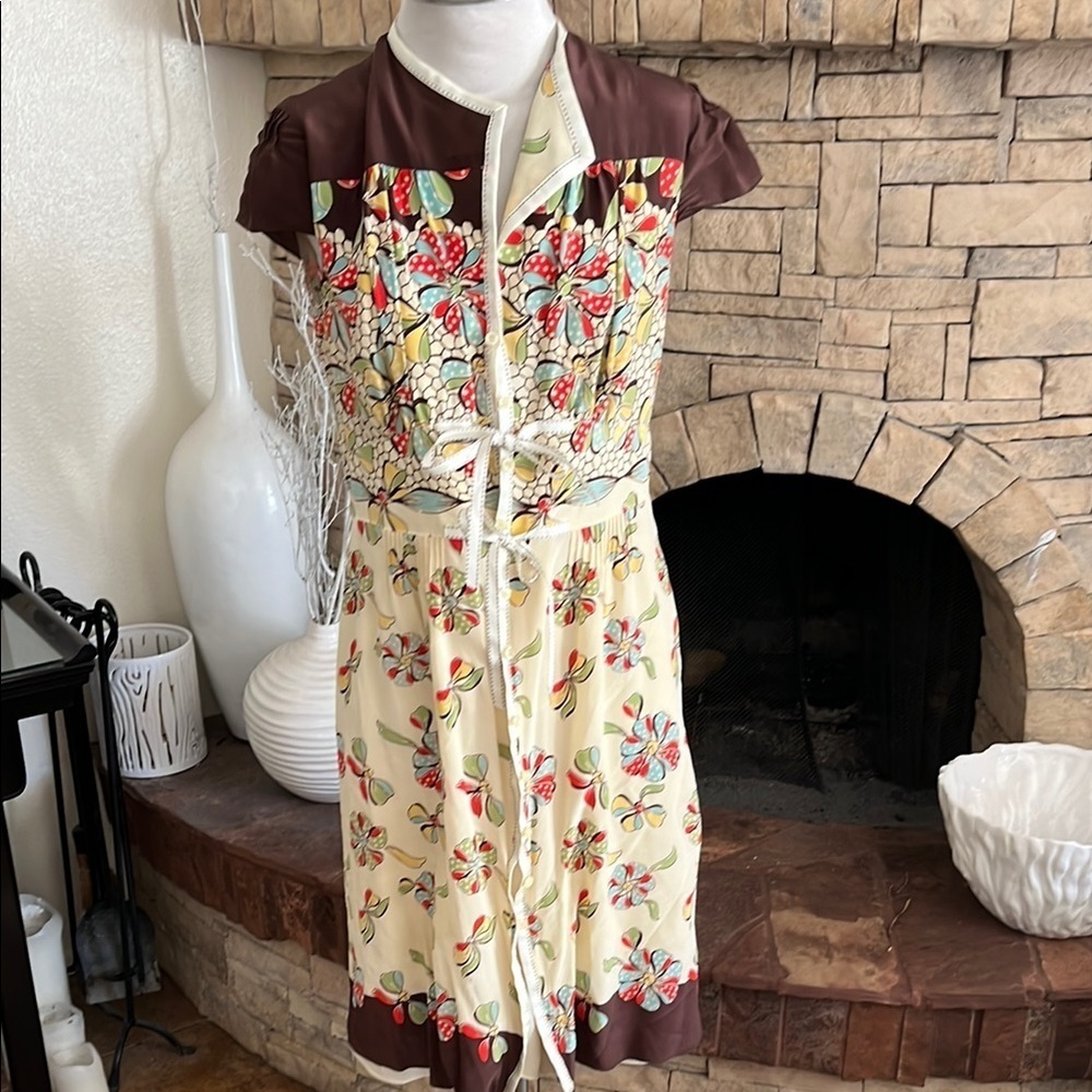 Vintage Kay Unger New York Silk Floral Cream and Brown Dress Size 10